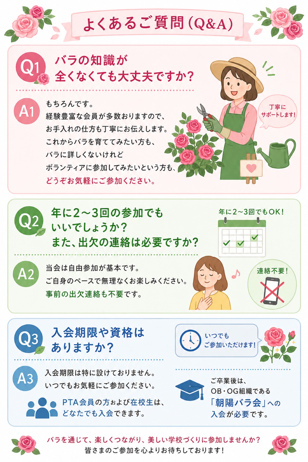 バラ会のよくある質問Q&Aイラスト